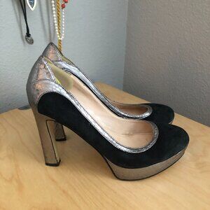 Audrey Brooke Berry 2 Black & Silver Suede Leather Platform Pumps Women's 6.5